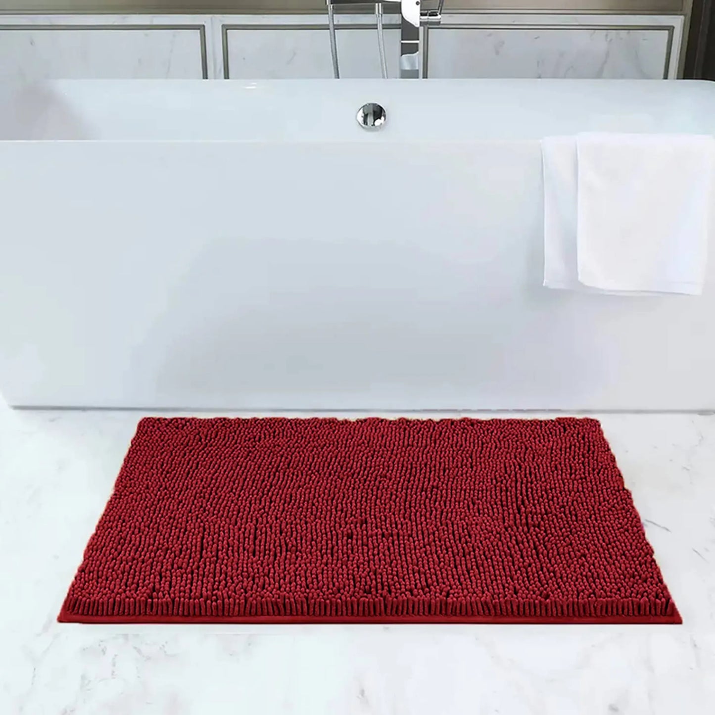 Balneo Red Soft Cozy Chenille Bath Mat Absorbent Bathroom Rug