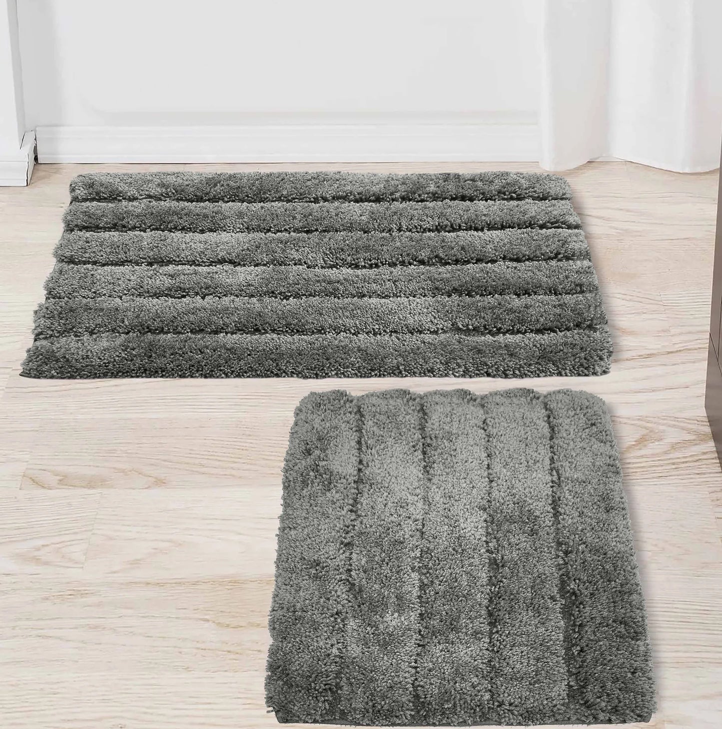 Balneo 2 Piece Bath Mat Set - Charcoal Grey Solid Striped Soft Plush