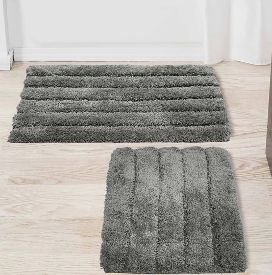 Balneo 2 Piece Bath Mat Set - Charcoal Grey Solid Striped Soft Plush