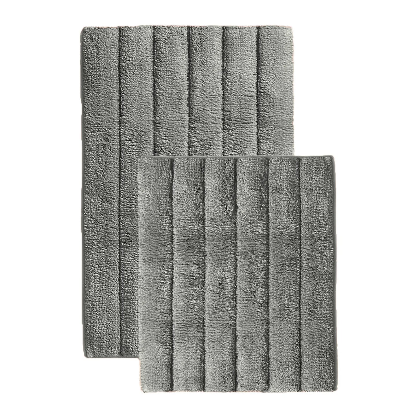 Balneo 2 Piece Bath Mat Set - Charcoal Grey Solid Striped Soft Plush