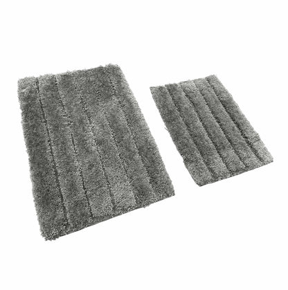 Balneo 2 Piece Bath Mat Set - Charcoal Grey Solid Striped Soft Plush