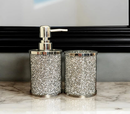 Balneo Two Piece Clear and Silver Glass and Metal Bling Bathroom Accessory Set