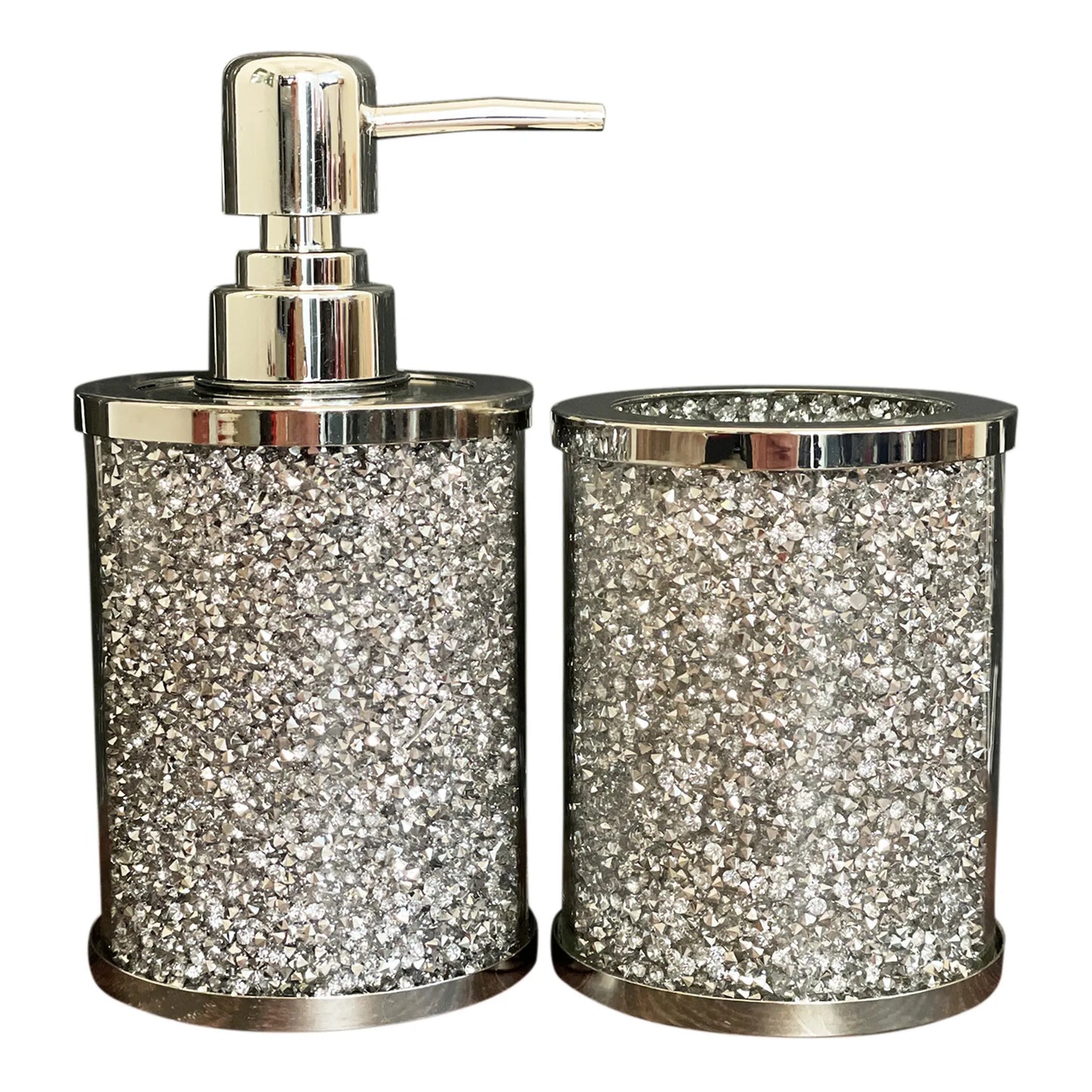 Balneo Two Piece Clear and Silver Glass and Metal Bling Bathroom Accessory Set