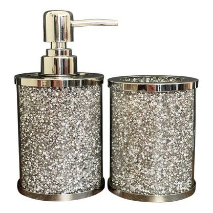 Balneo Two Piece Clear and Silver Glass and Metal Bling Bathroom Accessory Set