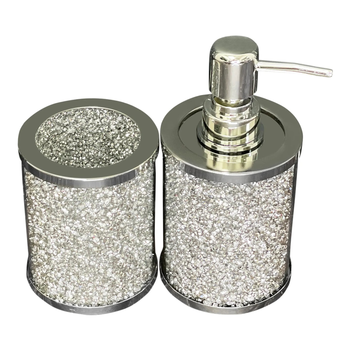 Balneo Two Piece Clear and Silver Glass and Metal Bling Bathroom Accessory Set