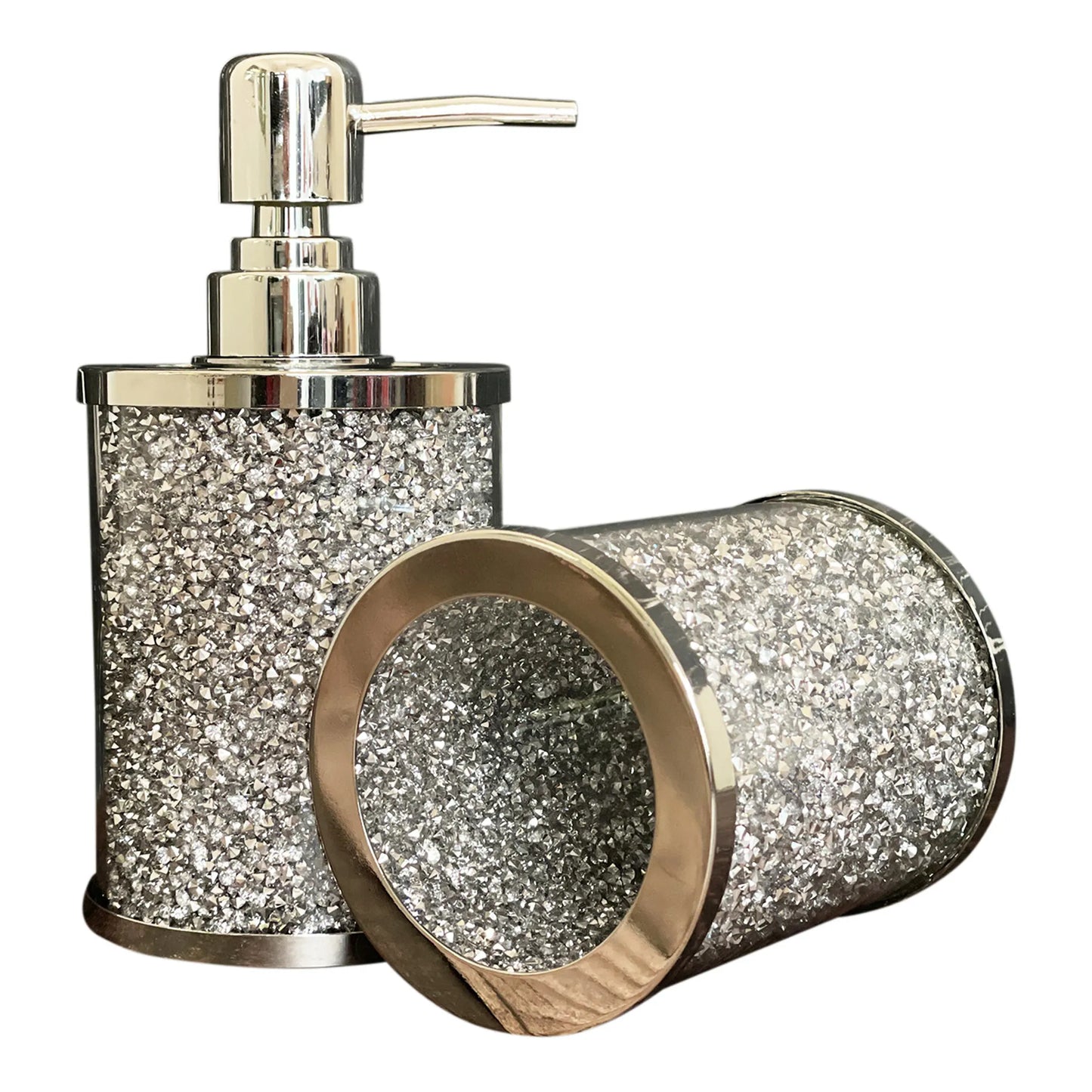 Balneo Two Piece Clear and Silver Glass and Metal Bling Bathroom Accessory Set