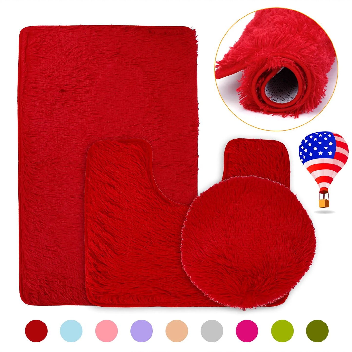 Balneo 3Pcs Bathroom Rug Set Shaggy Contour Toilet Lid Cover