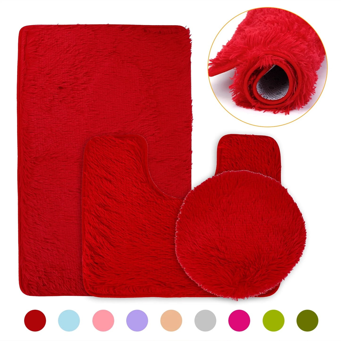 Balneo 3Pcs Bathroom Rug Set Shaggy Contour Toilet Lid Cover