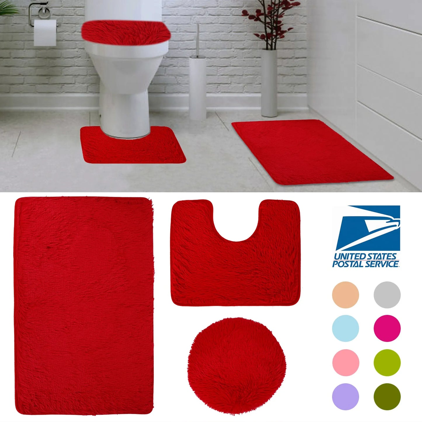 Balneo 3Pcs Bathroom Rug Set Shaggy Contour Toilet Lid Cover